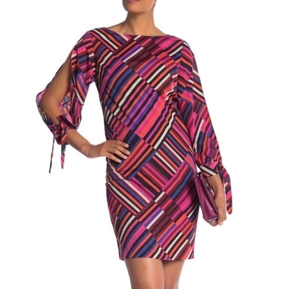 Trina Turk Jaxon Colorful Geometric Stripe Print Long Split Sleeves Shift Dress